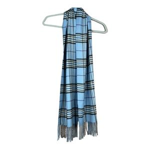 Light Blue Plaid Fringe Scarf - Women
